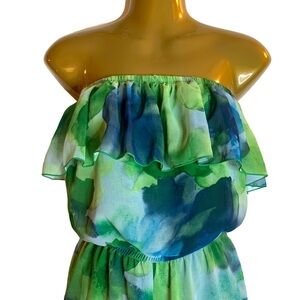 Vtg Strapless 1 piece ruffle top romper watercolor fabric design blue green S